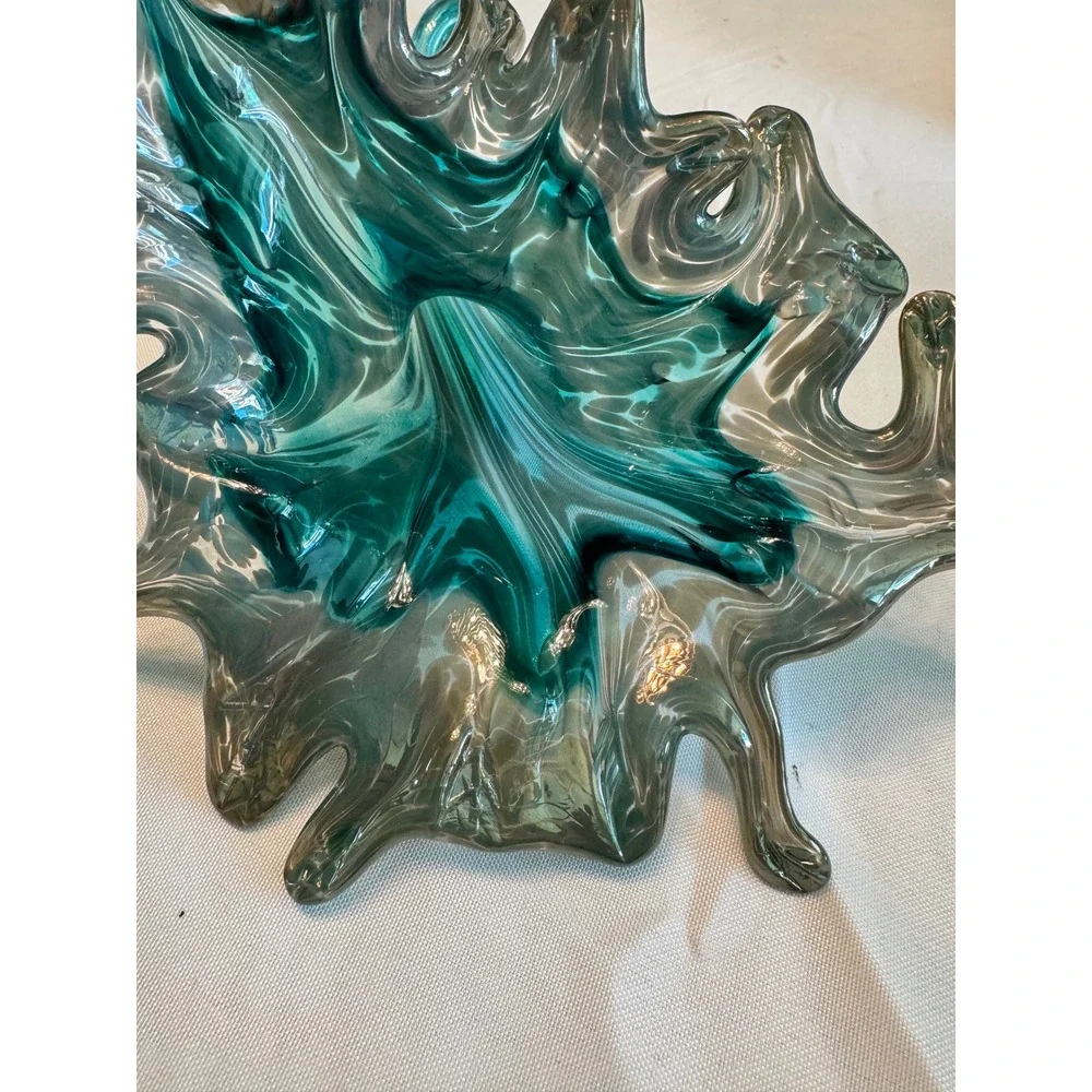 Hand Blown Art Glass Splash Vase Turquoise Teal‎ Smoky Grey Spiral statue Murano